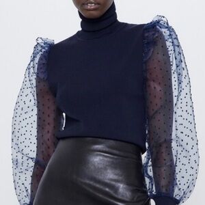 Zara Chic Navy Blue Turtleneck with Polka Dot Taffeta Mesh Puff Sleeves Size S